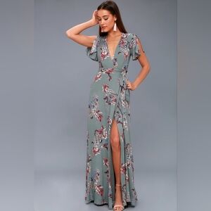 Lulu's Fiorire Slate Blue Floral Print Wrap Maxi Dress
